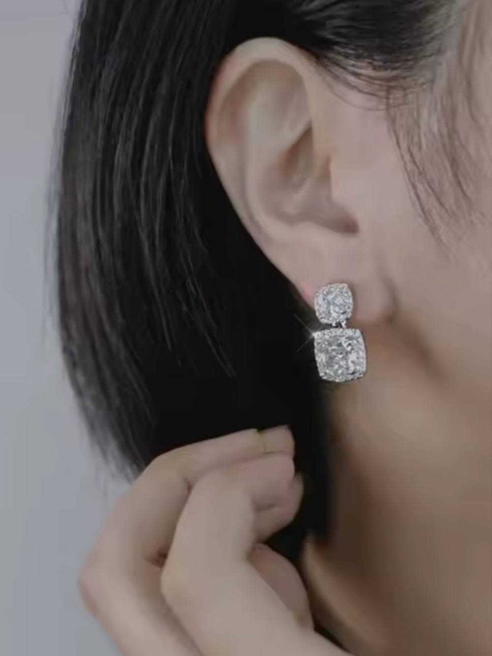 White Rhodium Double Cushion Halo Drop Earrings - Picture 4 of 5